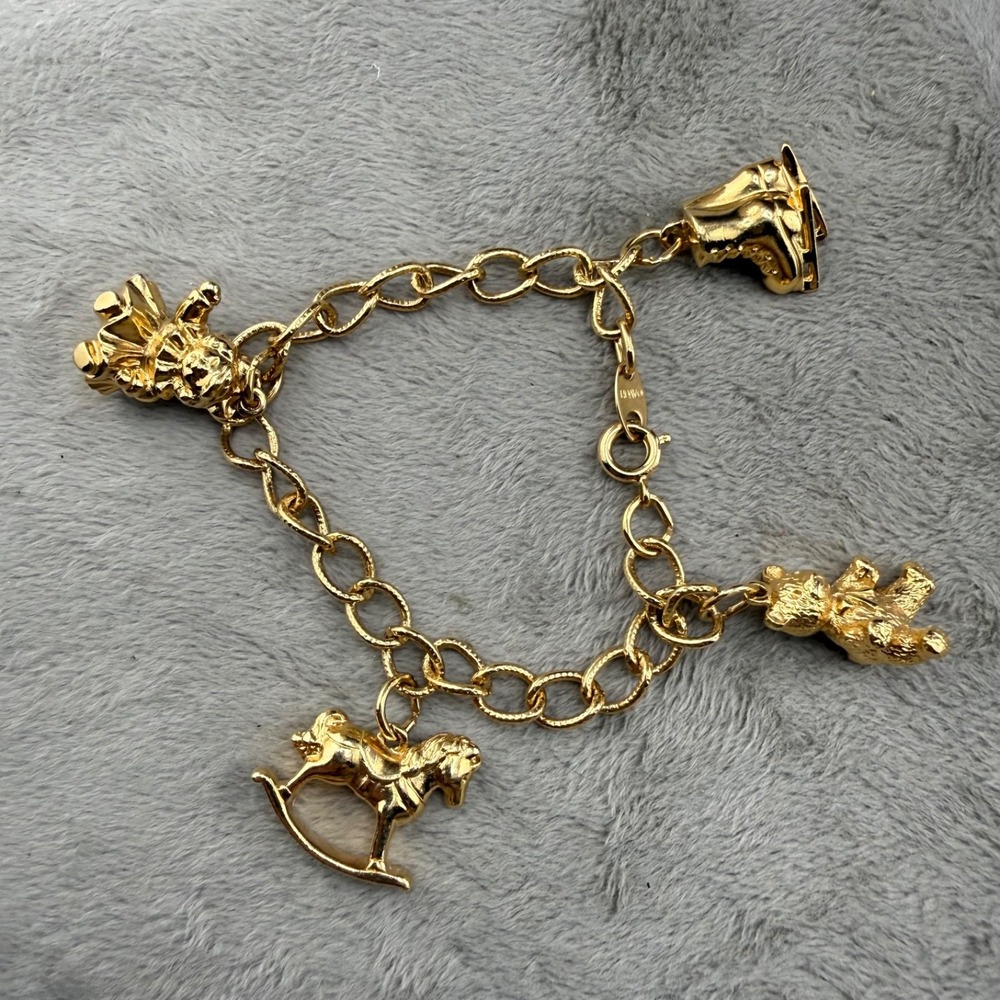 Vintage Avon Charm Bracelet Gold Tone Teddy Bear Ice Skates Doll Rocking Horse 6